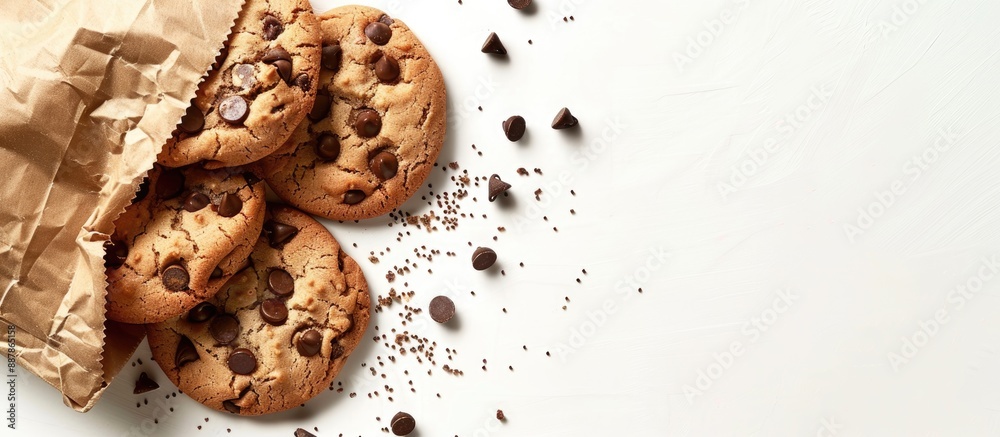 Leinwandbilder Chocolate chip cookies with a paper bag on a white background allowing for text placement in the copy space image