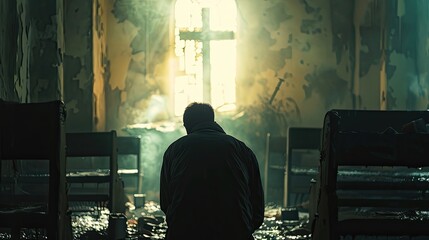 A man kneeling in prayer in a dark, abandoned church with a broken stained-glass window and rays of light streaming through, creating a somber atmosphere