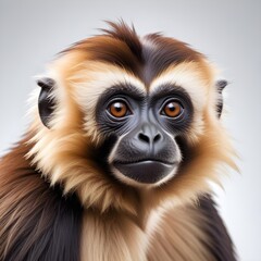 Fototapeta premium Head and shoulders shot of an adult male black faced gibbon on a plain background