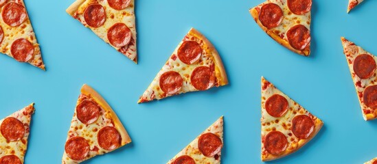 Top view of a pizza slice pattern on a blue backdrop allowing room for text in the image. with copy space image. Place for adding text or design