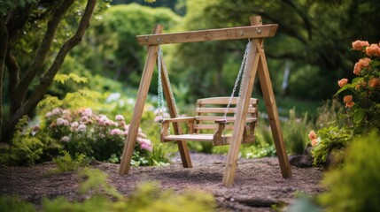 Wooden Swing in a Lush Garden