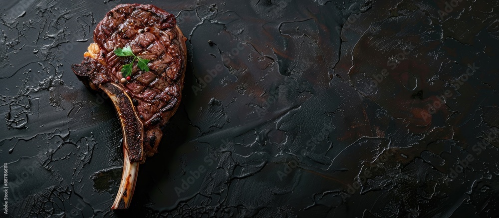 Leinwandbilder top view of a bbq grilled tomahawk veal steak on a butcher table with a black background ideal for a