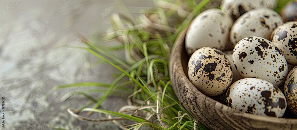 Leinwandbilder quail eggs displayed on grass in an asian culinary setting with plenty of copy space image