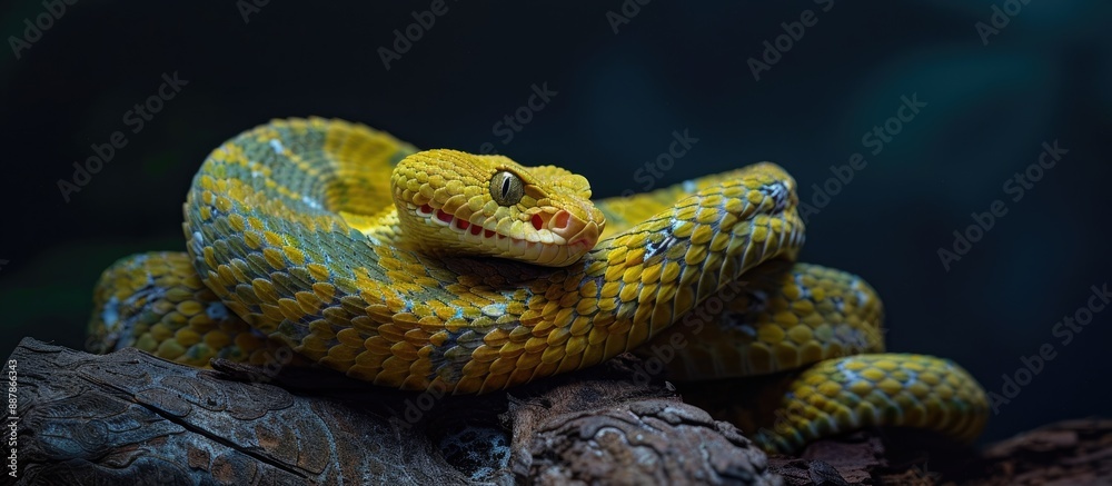 Aufkleber Bush Viper Atheris squamigera showcased in a striking setting with a dark backdrop perfect for a copy space image