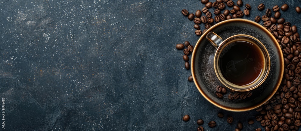 Poster dark background with a coffee cup and coffee beans offering a copy space image