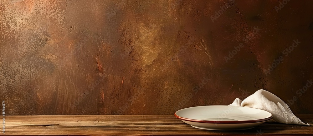 Aufkleber wooden table with a ceramic plate and napkin against a brown background providing ample copy space f