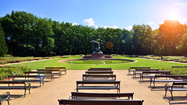 Warsaw, Poland. 9 July 2024. Frederic Chopin monument. Large, bronze statue of Frederic Chopin located in the upper part of Warsaw's Royal Baths. 