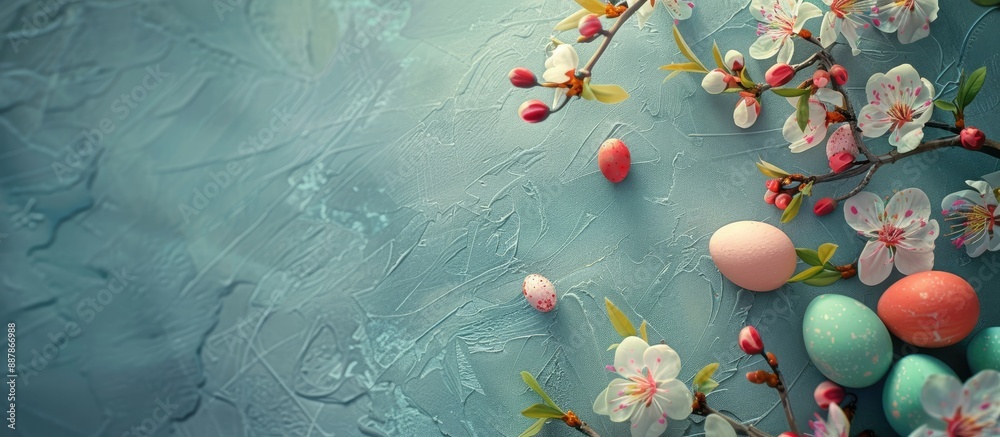 Poster vintage easter themed background with blooming spring branches eggs and a top down perspective featu