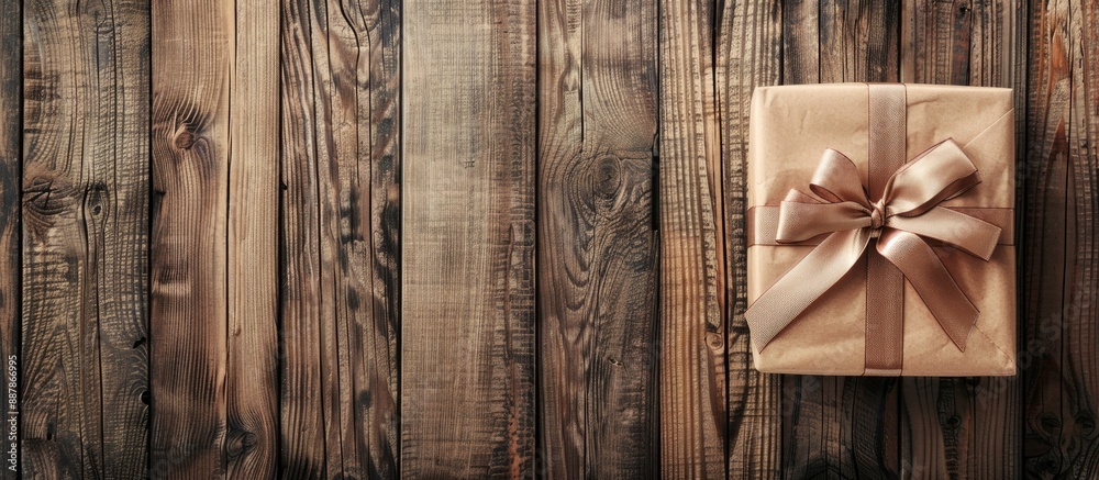 Poster Gift wrapped in simple brown paper with a ribbon and bow set against a backdrop of weathered wooden boards allowing for a copy space image