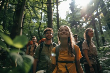 Friends hiking through a lush forest, enjoying nature and the outdoors