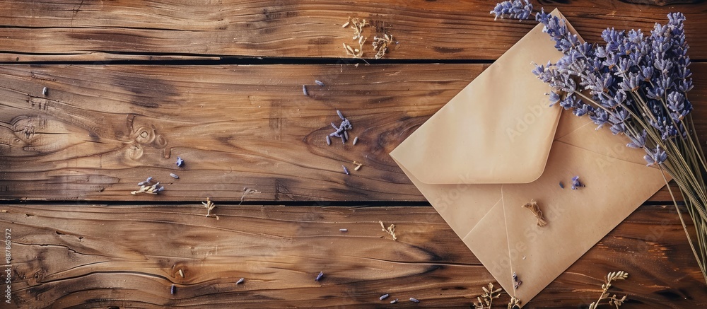 Poster top view of a greeting card mockup with an envelope dry lavender flowers on a wooden background offe