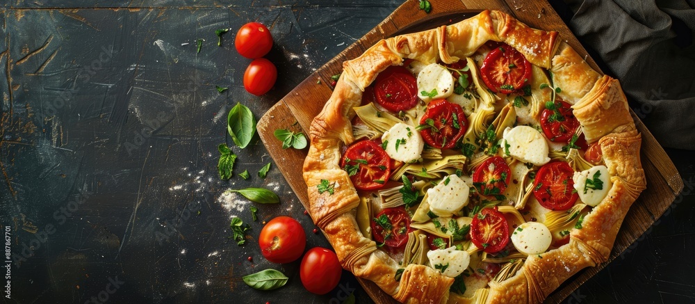 Aufkleber top view of a freshly baked puff pastry tart pizza featuring artichoke mozzarella tomatoes and chees