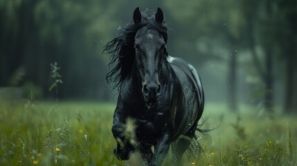 Obraz premium A beautiful black horse sprints across a verdant autumn field, showcasing its healthy and happy demeanor.