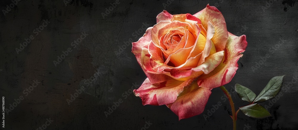 Aufkleber vivid pastel floral macro image featuring a single pink and yellow rose on black background with vin