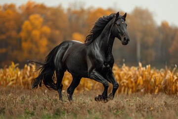 A beautiful black horse sprints across a verdant autumn field, showcasing its healthy and happy demeanor.