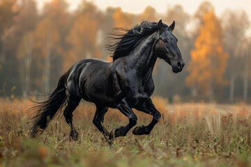 A beautiful black horse sprints across a verdant autumn field, showcasing its healthy and happy demeanor.