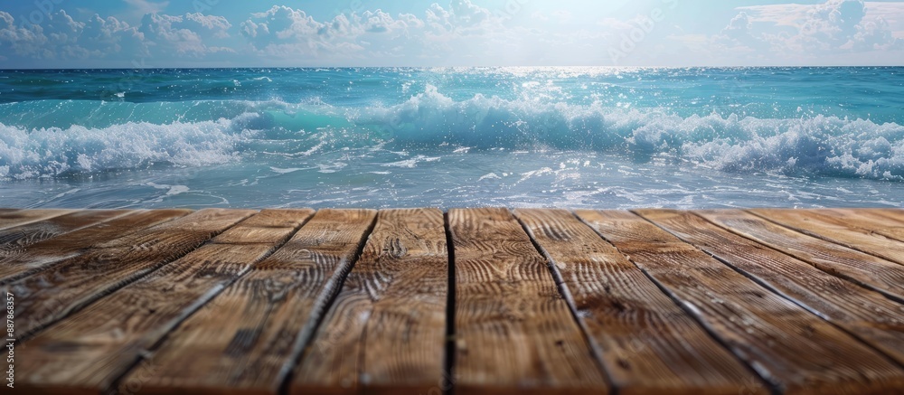 Aufkleber wooden deck table with a sea water background suitable for product display montage ideal for showcas