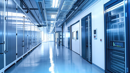A modern, clean, industrial corridor with steel doors, control panels, and bright fluorescent lighting.