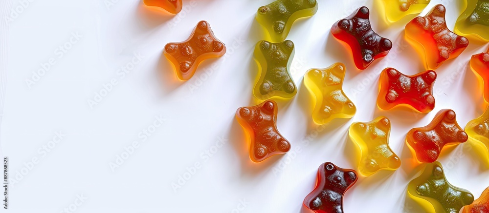 Aufkleber Delicious gummy bears arranged on a white backdrop with available copy space image