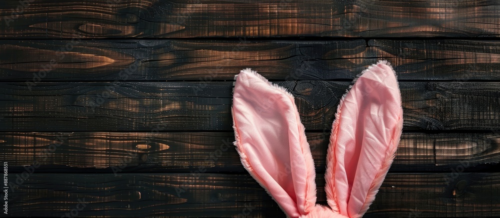 Poster Top down view of the Easter bunny s ears against a dark wooden background with copy space image