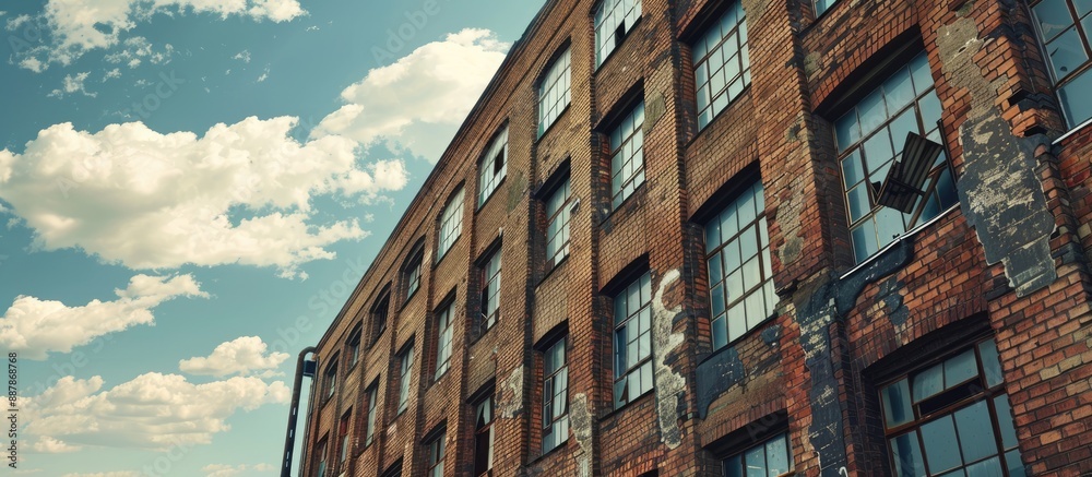 Poster old industrial brick building pictured against the open sky in a copy space image