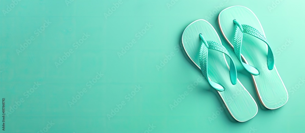 Poster Summer style flip flops displayed on a fresh mint green backdrop with ample copy space image