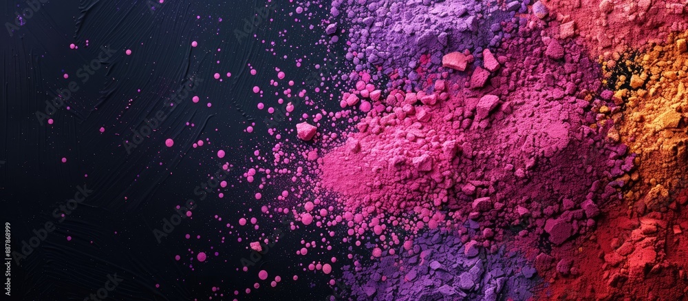 Poster Top view of colorful powder dyes against a dark background perfect for adding text in the copy space image capturing the essence of the Holi festival