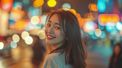 A beautiful Chinese girl smiling back at a busy street at night, distant view, full body image 