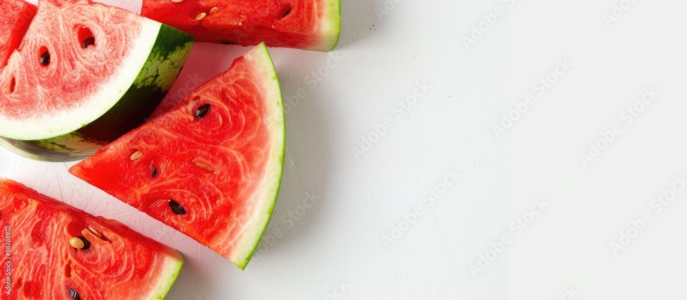 Leinwandbilder freshly sliced red watermelon displayed in a close up shot on a white background providing ample cop