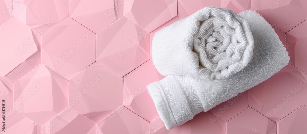 Poster Top view of a white towel on a stylish pink geometric backdrop with space for texts or images. with copy space image. Place for adding text or design