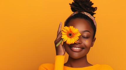 A woman is holding a yellow flower in front of her face. She is smiling and looking at the camera