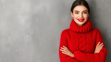 A woman in a red sweater is smiling and posing for a picture. The sweater is knitted and has a red color. The woman's smile and the sweater's color create a warm and inviting mood