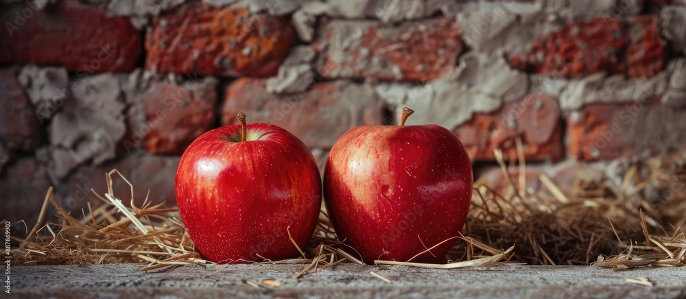 Fototapete a high quality photo features two red ripe juicy apples placed on hay with a brick wall background c
