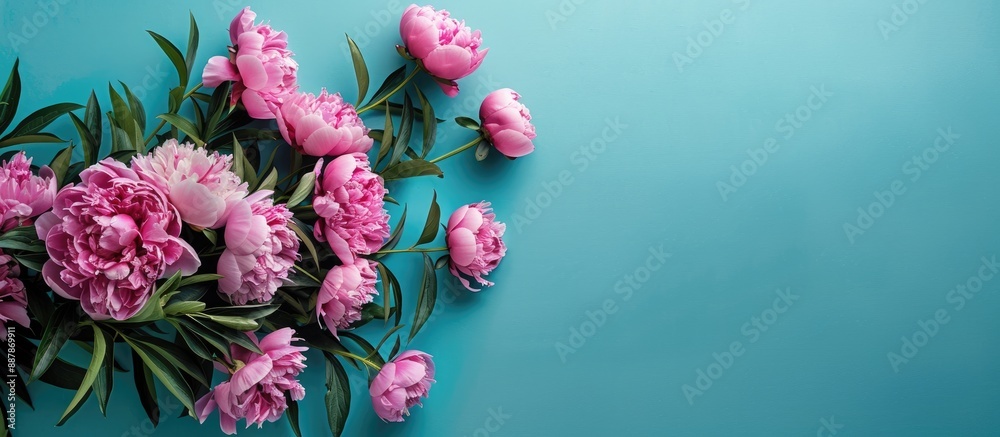 Poster pink peonies arranged in a floral composition on a blue backdrop for occasions like mother s day sea