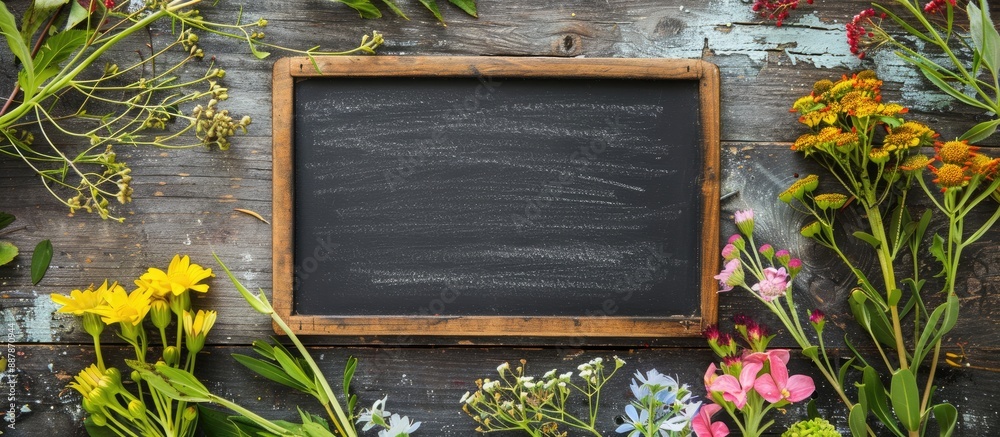 Aufkleber Chalkboard sitting on wooden surface adorned with flowers presents a spring themed setting in a flat lay composition with a copy space image