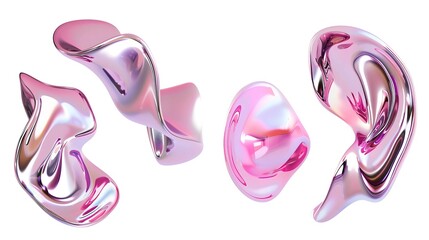 Set of 3D pink liquid fluid metal chrome holographic abstract form elements design, isolated on white background