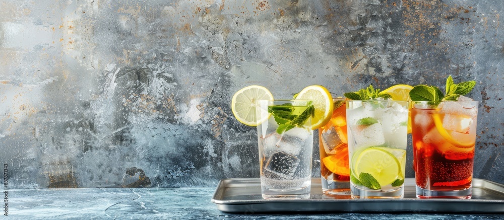 Leinwandbilder assorted glasses on a silver tray hold summer beverages with ice lemon and mint against a textured w