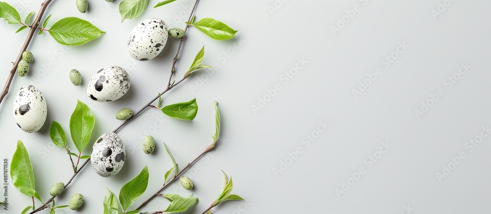 Aufkleber Minimal Easter composition featuring branches with green leaves and natural quail eggs on a light grey background with a top view and copy space image