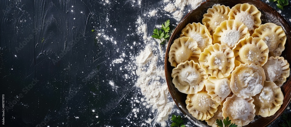 Poster Delicious uncooked ravioli with flour on a dark backdrop showing the preparation of Italian ravioli and Russian pelmeni with a blank area for text or images. with copy space image