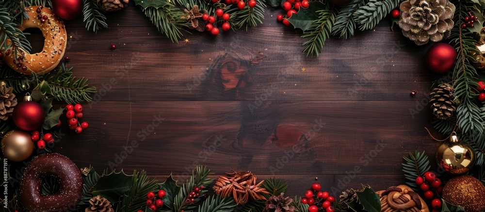 Poster festive background with a central copy space image framed by fir and pine branches bows rose hips ch