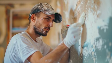 Fototapeta premium A homeowner selecting paint to match the existing wall color ensuring a seamless repair