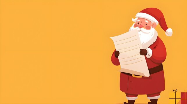 Santa Claus holding empty paper or wish list on yellow background. Merry Christmas and Happy New Year. Cute cartoon illustration. Template for banner, poster, greeting card or letter with copy space 