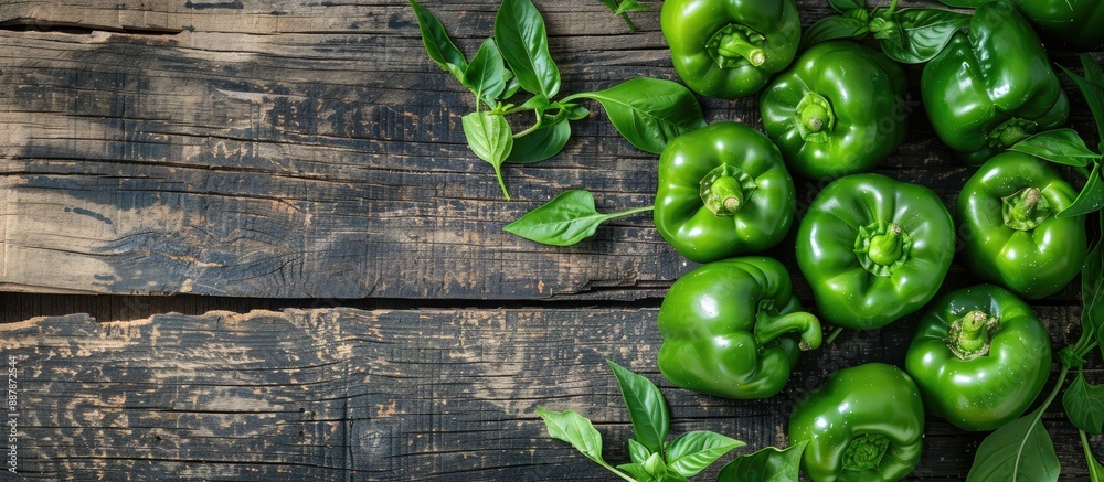 Leinwandbilder freshly harvested green peppers arrange in a top view on a rustic wooden table with copy space image