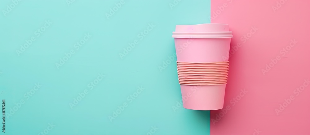 Poster a pink paper coffee cup on a pastel background with copy space symbolizing a morning wake up concept