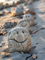 Obraz premium row of rocks with smile faces on them on the shell beach . travel concept 