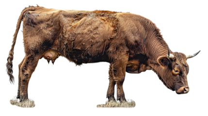 a beef cattle full body shot, front view, grazing, photorealistic style,transperent ,cut out