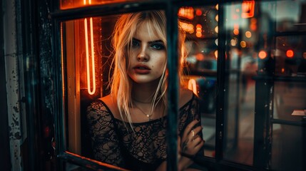 Fototapeta premium Woman in a window with neon city lights, urban loneliness concept