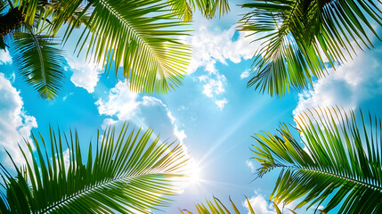 Naklejka premium palm leaves on blue bright cloudy sky with sunshine bottom view, tropical beach and holiday summer background, travel concept