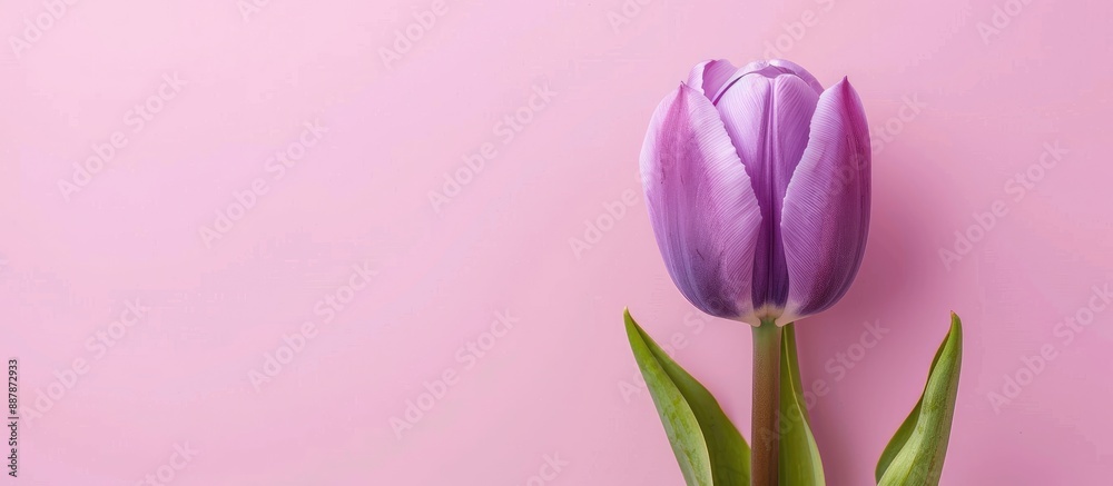 Poster vibrant purple tulip set against a soft pink backdrop with ample copy space image