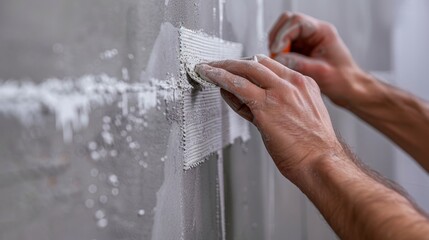 Close up of hands carefully applying self adhesive mesh tape over a drywall seam